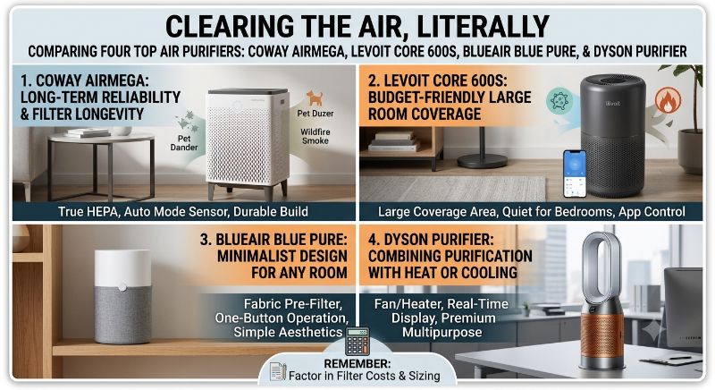 Best Air Purifiers in 2026: Coway Airmega vs Levoit Core 600S vs Blueair Blue Pure vs Dyson Purifier