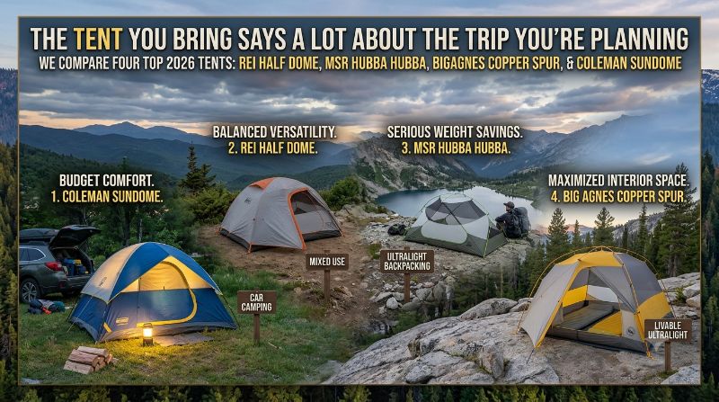 Best Camping Tents in 2026: REI Half Dome vs MSR Hubba Hubba vs Big Agnes Copper Spur vs Coleman Sundome