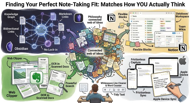 Best Note-Taking Apps in 2026: Obsidian vs Notion vs Evernote vs Apple Notes